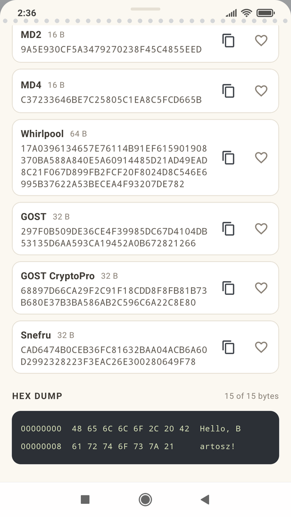 Zrzut hex hashowanych danych w Hash Calculator.