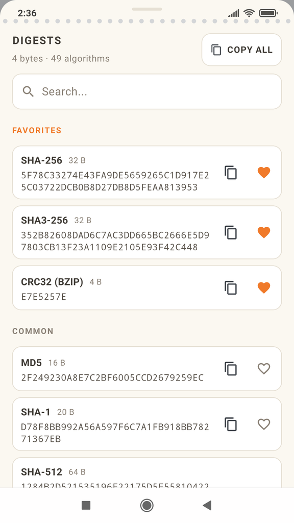 Skróty kryptograficzne w Hash Calculator app.