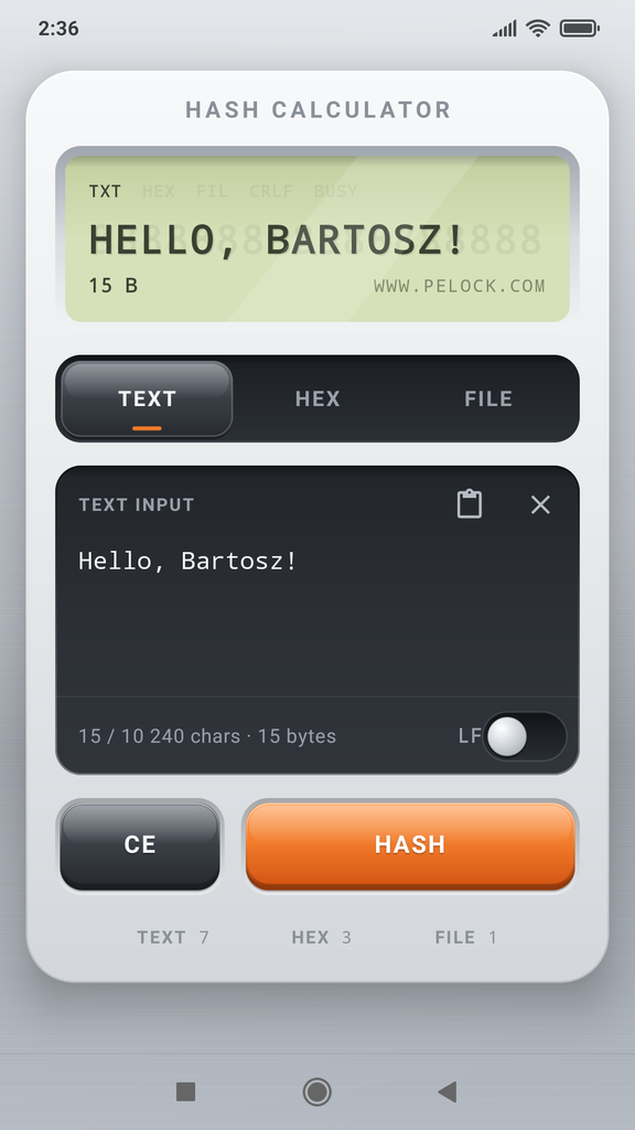 Hash Calculator dla Androida do liczenia skrótów kryptograficznych MD5, SHA256, CRC32 i innych.