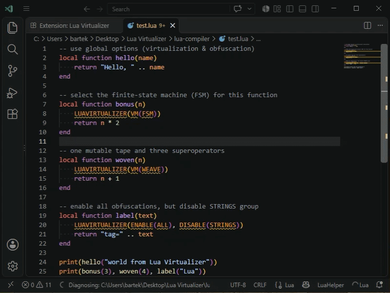Lua Virtualizer w VS Code.